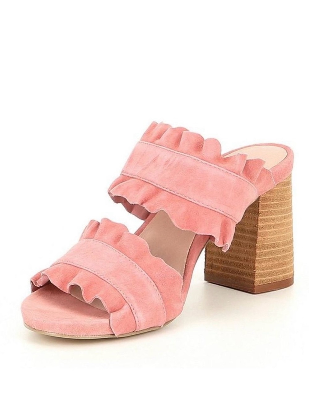 Used Free People Ruffled Pink Block Heel Mules - Picture 2 of 11